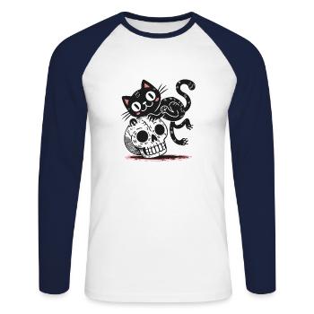 Chat noir et crâne - T-shirt baseball manches longues Homme - blanc/marine - Devant - Nik (191cm)