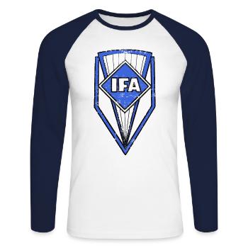 IFA mobile DDR Vintage Retro Classic Logo - T-shirt baseball manches longues Homme - blanc/marine - Devant - Nik (191cm)
