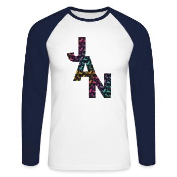 JAN - Beautiful boy name with dinosaur - Unisex Long Sleeve Baseball T-Shirt - white/navy - Front - Nik (191cm)