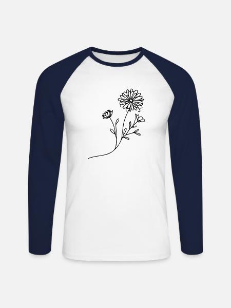 Margeritenzauber: Filigrane Blüten in Linienkunst - Unisex Baseballshirt langarm - Weiß/Navy