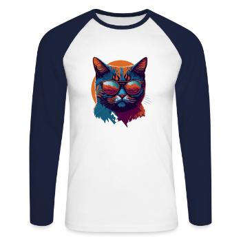 Rebel Paws: Retro Cat T-Shirt Art - Unisex Long Sleeve Baseball T-Shirt - white/navy - Front - Nik (191cm)