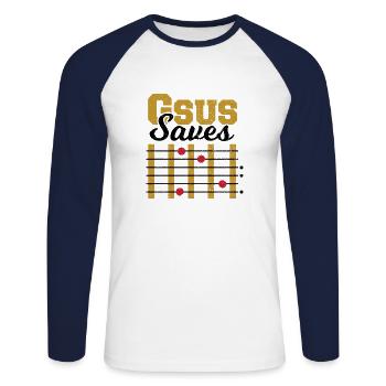 Gsus Saves - Guitar - Unisex Long Sleeve Baseball T-Shirt - white/navy - Front - Nik (191cm)