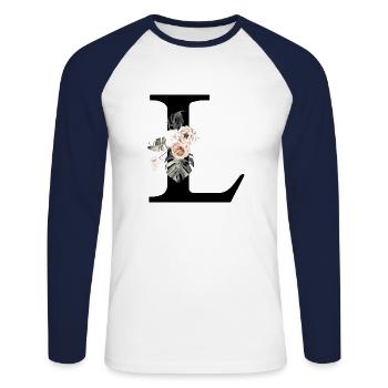 Tropischer Blumenbuchstabe L - Unisex Baseballshirt langarm - Weiß/Navy - Vorne - Nik (191cm)