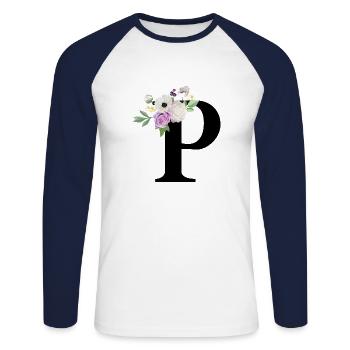 Purple floral letter p - Unisex Long Sleeve Baseball T-Shirt - white/navy - Front - Nik (191cm)