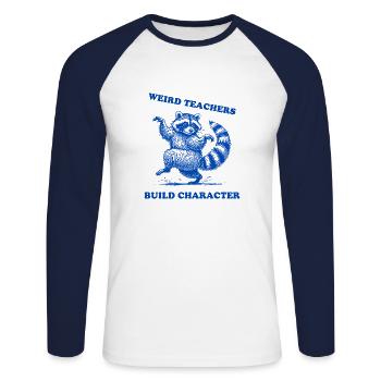Weird Teachers Build Character Shirt Raccoon - Unisex Baseballshirt langarm - Weiß/Navy - Vorne - Nik (191cm)