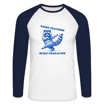 Weird Teachers Build Character Shirt Raccoon - Unisex Baseballshirt langarm - Weiß/Navy - Vorne - Nik (191cm)