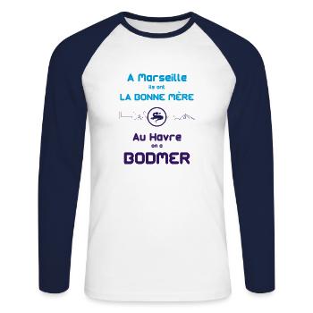 Bodmer - T-shirt baseball manches longues Homme - blanc/marine - Devant - Nik (191cm)