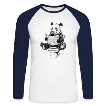 Panda curieux dans les toilettes - T-shirt baseball manches longues Homme - blanc/marine - Devant - Nik (191cm)