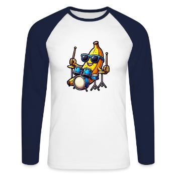 Illustration drôle de tambour de banane - T-shirt baseball manches longues Homme - blanc/marine - Devant - Nik (191cm)