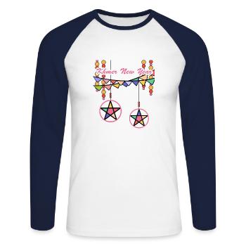 Cambodge Khmer Nouvel An Choul Chnam I Cadeau - T-shirt baseball manches longues Homme - blanc/marine - Devant - Nik (191cm)