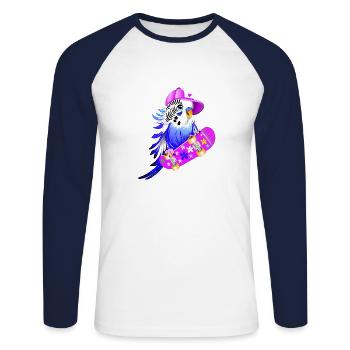 Wellensittich Skateboard - Unisex Baseballshirt langarm - Weiß/Navy - Vorne - Nik (191cm)