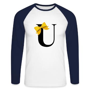 Letter u yellow bow - Unisex Long Sleeve Baseball T-Shirt - white/navy - Front - Nik (191cm)