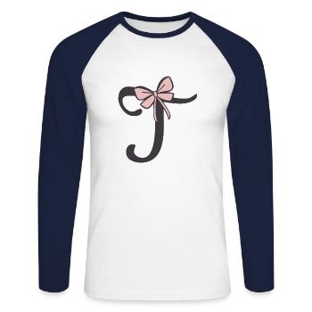 Anfangsbuchstabe T Schleifchen - Unisex Baseballshirt langarm - Weiß/Navy - Vorne - Nik (191cm)