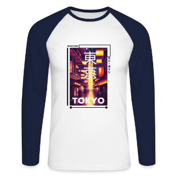 Japanese Streetwear Aesthetic - Unisex Long Sleeve Baseball T-Shirt - white/navy - Front - Nik (191cm)