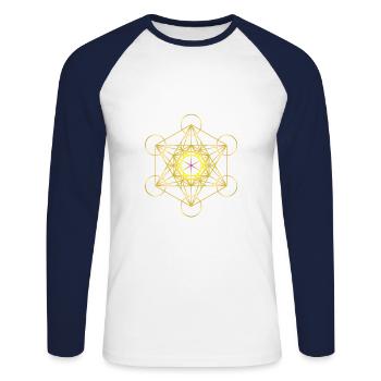 Metatron's Cube in gold with a pink center - Unisex Long Sleeve Baseball T-Shirt - white/navy - Front - Nik (191cm)
