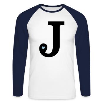 Lettre J initiale - T-shirt baseball manches longues Homme - blanc/marine - Devant - Nik (191cm)
