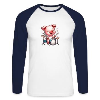 Cute Pig Drummer Farm Design - Unisex Long Sleeve Baseball T-Shirt - white/navy - Front - Nik (191cm)