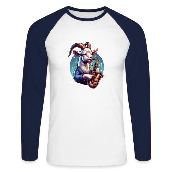 Conception de saxophoniste de chèvre drôle - T-shirt baseball manches longues Homme - blanc/marine - Devant - Nik (191cm)