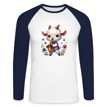 Cute goat playing saxophone on farm - Unisex Long Sleeve Baseball T-Shirt - white/navy - Front - Nik (191cm)