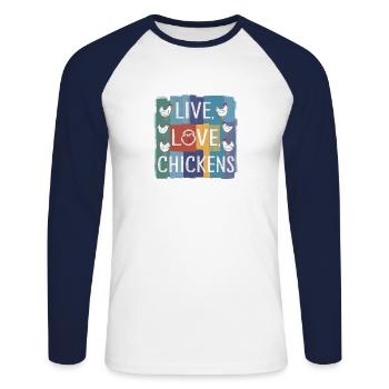 Vivre les poulets de l’amour vivre Poulet de l’amour Fermier - T-shirt baseball manches longues Homme - blanc/marine - Devant - Nik (191cm)
