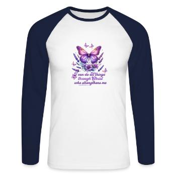All through Christ Phil 4:13 Butterfly - Unisex Long Sleeve Baseball T-Shirt - white/navy - Front - Nik (191cm)