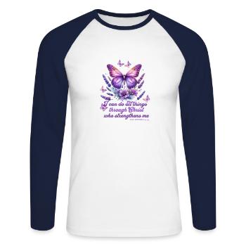 All through Christ Phil 4:13 Butterfly - Unisex Long Sleeve Baseball T-Shirt - white/navy - Front - Nik (191cm)