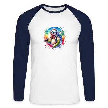 Relaxed hiker sloth design - Unisex Long Sleeve Baseball T-Shirt - white/navy - Front - Nik (191cm)