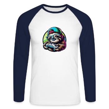 Lustiges Zocker Faultier Gaming Nerd Design - Unisex Baseballshirt langarm - Weiß/Navy - Vorne - Nik (191cm)