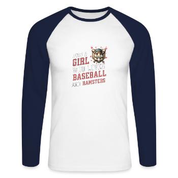 Girl Loves Baseball Hamster Sports - Unisex Long Sleeve Baseball T-Shirt - white/navy - Front - Nik (191cm)