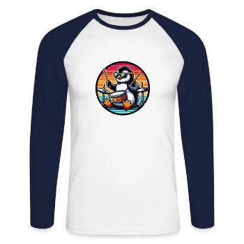 Tambour pingouin à bascule avec des baguettes - T-shirt baseball manches longues Homme - blanc/marine - Devant - Nik (191cm)