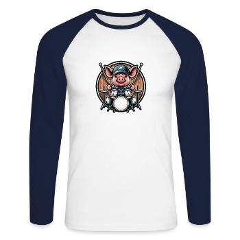 Pig Drummer Band Percussion Musique Cool - T-shirt baseball manches longues Homme - blanc/marine - Devant - Nik (191cm)