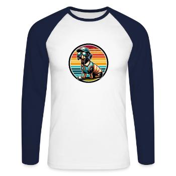 Lustiger Golfhund Dackel Golfer Golfen - Unisex Baseballshirt langarm - Weiß/Navy - Vorne - Nik (191cm)