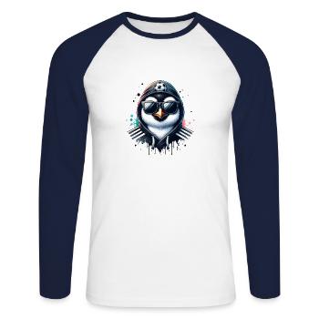 Pingouin, oiseau, joueur de football, champion, fan - T-shirt baseball manches longues Homme - blanc/marine - Devant - Nik (191cm)