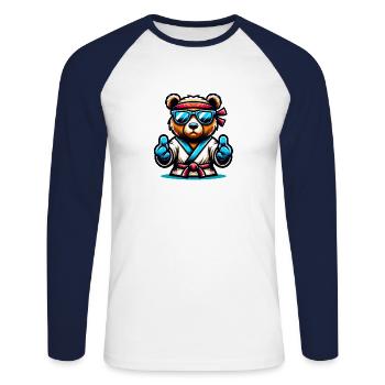 Karate Bear with Sunglasses and Headband - Unisex Long Sleeve Baseball T-Shirt - white/navy - Front - Nik (191cm)