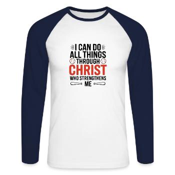 Je peux tout faire par le Christ qui me fortifie - T-shirt baseball manches longues Homme - blanc/marine - Devant - Nik (191cm)