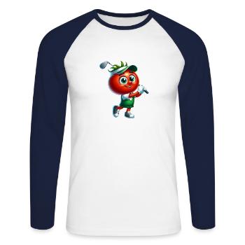 Drôle Golf Tomate Personnage Swinging Joy - T-shirt baseball manches longues Homme - blanc/marine - Devant - Nik (191cm)