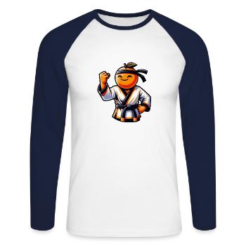 Karaté Orange Fruit avec ceinture noire - T-shirt baseball manches longues Homme - blanc/marine - Devant - Nik (191cm)