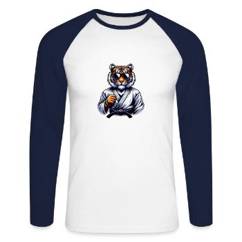 Karaté Tigre avec lunettes de soleil - T-shirt baseball manches longues Homme - blanc/marine - Devant - Nik (191cm)