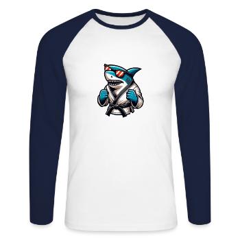 Karate Hai Mit Sonnenbrille Im Gi - Unisex Baseballshirt langarm - Weiß/Navy - Vorne - Nik (191cm)