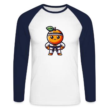 Karaté Orange : Fruit sucré dans une combinaison de karaté - T-shirt baseball manches longues Homme - blanc/marine - Devant - Nik (191cm)