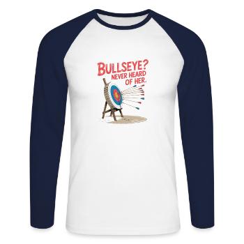 Bow Bullseye? Never heard of it - Unisex Long Sleeve Baseball T-Shirt - white/navy - Front - Nik (191cm)