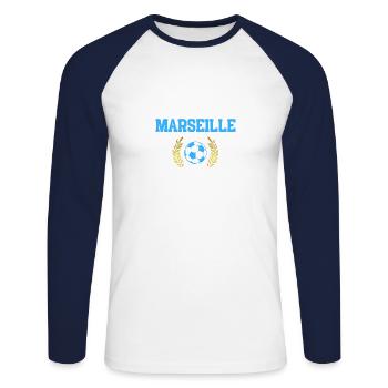 Weihnachtsgeschenk Marseille Fußball T-Shirt - Unisex Baseballshirt langarm - Weiß/Navy - Vorne - Nik (191cm)