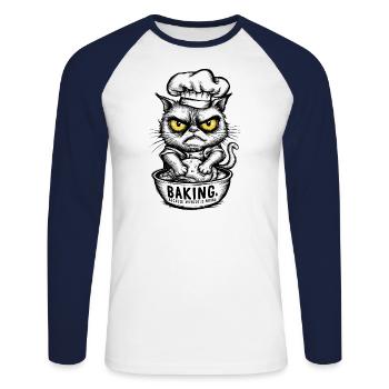 Backen, weil Mord falsch ist Sarkastische Katze - Unisex Baseballshirt langarm - Weiß/Navy - Vorne - Nik (191cm)