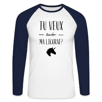 tu veux toucher ma licorne - T-shirt baseball manches longues Homme - blanc/marine - Devant - Nik (191cm)