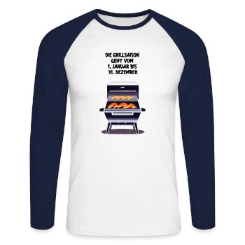 Grill Barbecue Kalender Geschenk Grillsaison - Unisex Baseballshirt langarm - Weiß/Navy - Vorne - Nik (191cm)