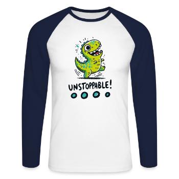 T-Rex Unstoppable - Conception amusante de dinosaure - T-shirt baseball manches longues Homme - blanc/marine - Devant - Nik (191cm)