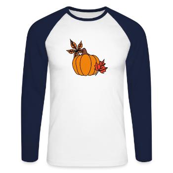 Herbstlicher Kürbis mit Blättern – Cozy Vibes - Unisex Baseballshirt langarm - Weiß/Navy - Vorne - Nik (191cm)