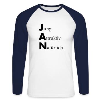 Namensbeschreibung Jan, Geschenkidee, Spruch - Unisex Baseballshirt langarm - Weiß/Navy - Vorne - Nik (191cm)