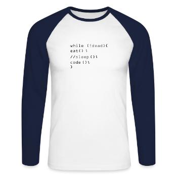 While Not Dead Eat Programmeur de code Sleep Hacker - T-shirt baseball manches longues Homme - blanc/marine - Devant - Nik (191cm)