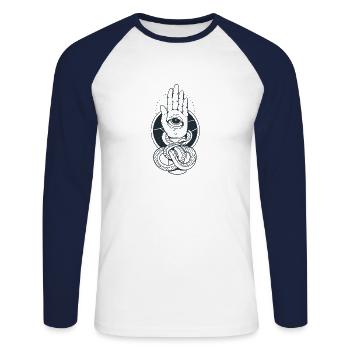 Hand der Fatima Hamsa Chamsa Khamsa arabisch Icon - Unisex Baseballshirt langarm - Weiß/Navy - Vorne - Nik (191cm)